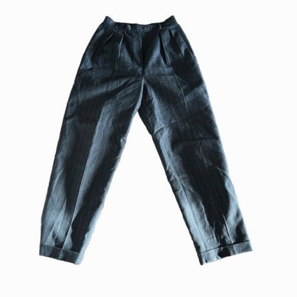 Y2k Ralph Lauren 100% Wool Lined Grey Pin Striped Pleated Pants size 8 Cuffed - Picture 1 of 7
